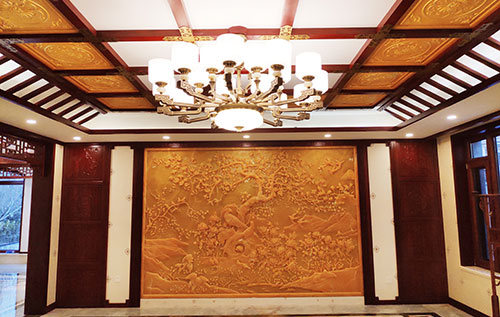 满洲里中式别墅客厅中式木作横梁吊顶装饰展示